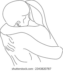 Portrait of happy couple in continuous line art drawing style. Man in love put his arms around girlfriend. Love and friendship black linear sketch isolated on white background. Vector illustration