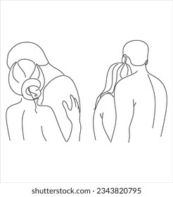 Portrait of happy couple in continuous line art drawing style. Man in love put his arms around girlfriend. Love and friendship black linear sketch isolated on white background. Vector illustration