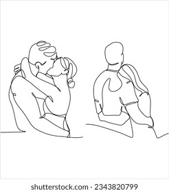 Portrait of happy couple in continuous line art drawing style. Man in love put his arms around girlfriend. Love and friendship black linear sketch isolated on white background. Vector illustration