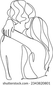 Portrait of happy couple in continuous line art drawing style. Man in love put his arms around girlfriend. Love and friendship black linear sketch isolated on white background. Vector illustration