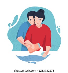 Portrait of happy couple in love against blue blot on background. Young smiling man embracing woman pouring milk into glass. Cute cartoon characters. Colorful vector illustration in flat style.