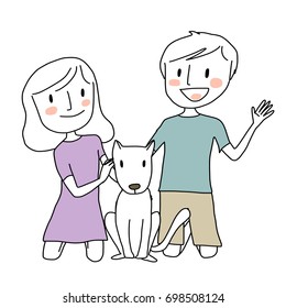 Portrait of happy couple sitting with their cute dog. Vector illustration with hand-drawn style.