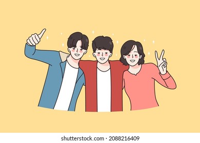 Portrait of happy diverse best friends hug stand together for picture. Smiling young people feel cheerful. Youth or student community. Friendship concept. Vector illustration, cartoon character. 