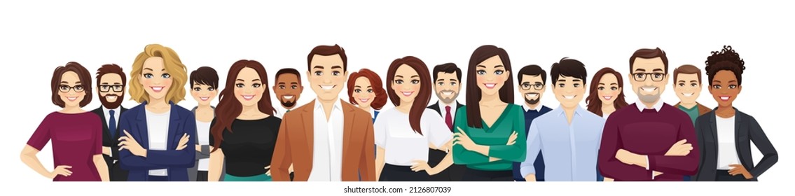 Retrato de gente diversa y feliz de negocios multiétnicos parándose juntos. Equipo de colegas de diferentes edades. Ilustración vectorial aislada.