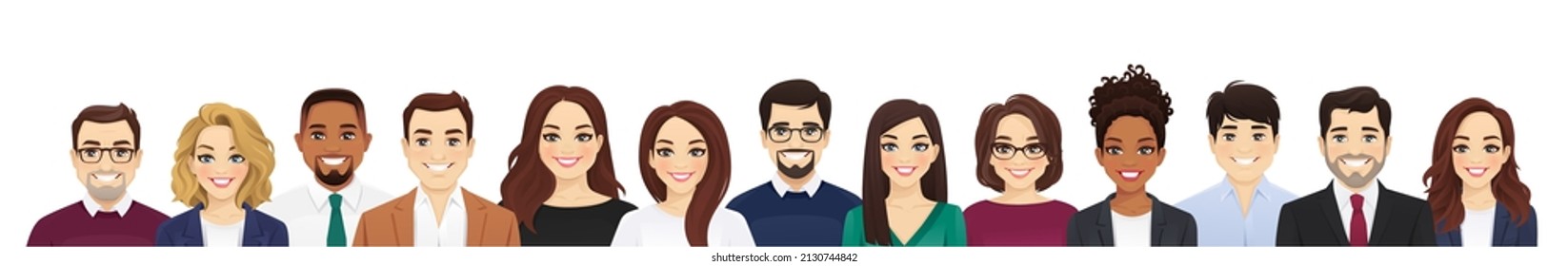 Portrait of happy diverse multiethnic business people standing together. Team of colleagues in different ages. Isolated vector illustration.