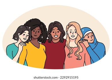 Portrait of happy diverse multiethnic girlfriends hug show unity and care. Smiling multicultural women friends demonstrate diversity. International friendship and equality. Vector illustration.
