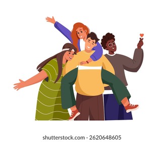 Portrait of happy diverse people. Group of young international friends standing together. Social unity. Multiracial team. Positive community. Friends day. Flat vector illustration isolated on white.