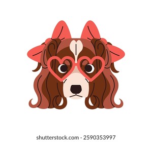 Portrait of happy dog with sunglasses with hearts shape. Avatar of cute spaniel in fashion glasses. Head of puppy decorated with ribbon bows. Flat isolated vector illustration on white background