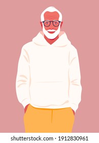 Portrait of a happy elder man wearing in fashion hoodie. A stylish grandfather. Vector flat illustration.