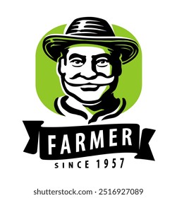 Retrato de fazendeiro idoso feliz neste logotipo. Emblema e símbolo de exploração agrícola, agricultura e agronegócio