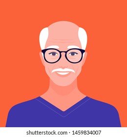 Portrait of a happy elderly man. Avatar of a smile grandfather. Vector flat illustration