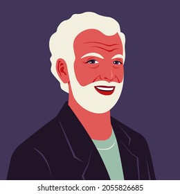 Portrait of a happy elderly man with beard. Avatar of a laughing grandfather. An old businessman. A face in half-turn. Social networks. Vector flat illustration