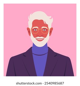 Portrait of happy elderly man with beard. Face of smiling grandfather. Vector flat illustration