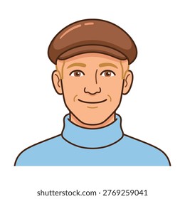 Portrait of a happy elderly man wearing a brown cap and blue turtleneck sweater, looking friendly and approachable