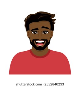 Retrato de um homem étnico feliz com uma ilustração de vetor de barba. Ícone de homem preto barbudo sorridente isolado em um fundo branco. Jovem bonito alegre com cabelo preto estilo cartoon