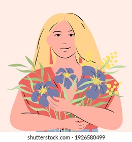 Portrait of a happy European woman with flowers. Stylish modern girl with blond hair  in fashion outfit. Сoncept for the Mother's day, Valentine's day, March 8 women's day. Flat vector illustration
