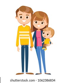 Portrait of happy family of 3 three members parents mom mother dad father parents and child kid son posing standing together mother with boy, child son on hands.