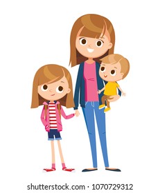 Portrait of happy family of 3 three members  mom mother and 2 two children kids son daughter posing standing together mother with boy, child son on hands.