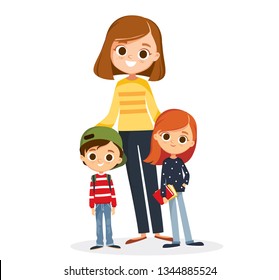 Portrait of happy family of 3 three members  mom mother and 2 two children kids son daughter posing standing together