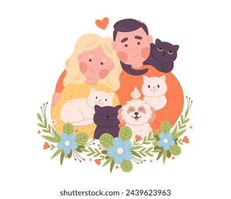 Retrato de familia feliz con gatos y perros. Día Mundial de la Familia. Familia con animales. Ilustración vectorial en estilo plano