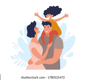 Portrait of a happy family with a child. A man and a woman hug and take care of their daughter. Simple flat illustration isolated on white background