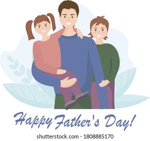 Portrait of a happy family. Father with two children, son and daughter. Celebrating Father's Day. People smile. Notion of love, family values and raising children.  Vector flat design