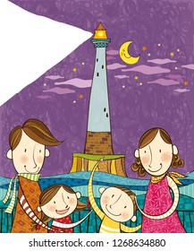 Portrait of happy family in front of lighthouse