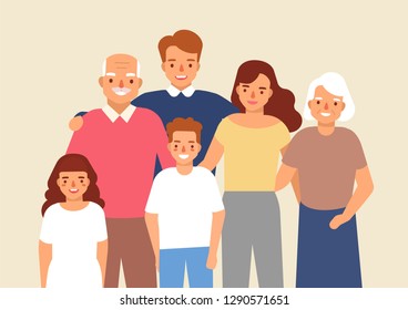 Portrait of happy family with grandfather, grandmother, father, mother, child girl and boy standing together. Cute funny smiling cartoon characters. Colorful vector illustration in flat style.