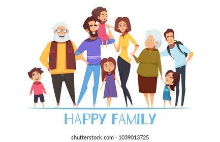 Portrait of happy family with grandparents, mom and dad, kids, uncle on white background vector illustration