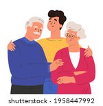 Portrait of happy family hugging each other. Adult man embracing mature parents or grandparents isolated on white background. Parents with child feeling love. Vector illustration in flat style.