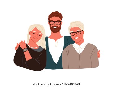 Portrait of happy family hugging each other vector flat illustration. Smiling adult man embracing mature parents or grandparents isolated on white background. Adorable relatives feeling love