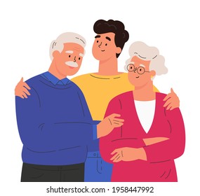 Portrait of happy family hugging each other. Adult man embracing mature parents or grandparents isolated on white background. Parents with child feeling love. Vector illustration in flat style.