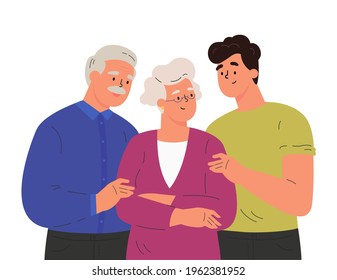 Portrait of happy family hugging each other. Adult man embracing mature parents or grandparents isolated on white background. Parents with child feeling love. Vector illustration in flat style.