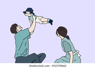 Portrait of Happy family illustration. Father holding his baby in the air and mother looking at them. Family goals illustration