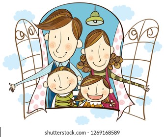 Portrait of happy family looking out of window