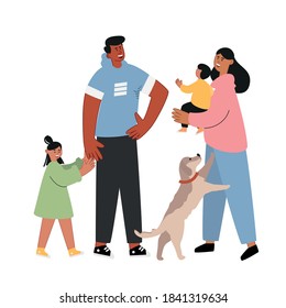 Portrait of a happy family. Mom is holding her son, dad and daughter, a dog. Great parents with children. Vector family day illustration