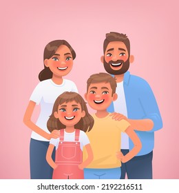 Portrait of a happy family on a pink background. Mom dad son and daughter posing together. Vector illustration in cartoon style