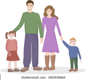 Portrait of a happy family on a walk by parents and children. Mom and Dad are walking with their son and daughter. People smile. The concept of love and family values.  Vector flat design.