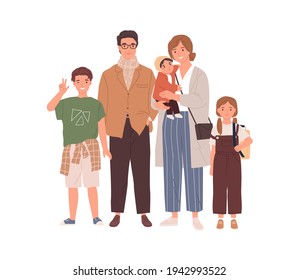 Portrait der glücklichen Familie mit Eltern und Kindern einzeln auf Weiß. Junge Vater, Mutter, Söhne und Tochter. Farbige, flache Vektorgrafik eines lächelnden Ehemanns, der Ehefrau und der Kinder, die zusammen stehen