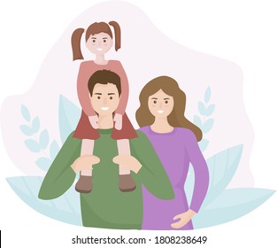 Portrait of a happy family, people smile. Daughter sits on her father's shoulders, next to her mother. On a natural background with leaves. The concept of love and family values. Vector flat design.