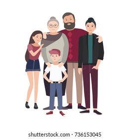 Portrait of happy family. Smiling grandfather, grandmother and their teenage grandchildren standing together isolated on white background. Funny flat cartoon characters. Colored vector illustration.