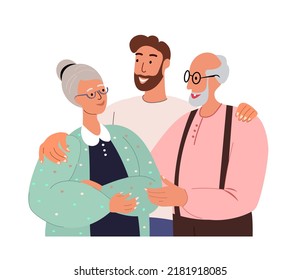 Portrait of happy family support and hug each other.Adult man embracing mature parents or grandparents isolated on white background. Parents with child feeling love. Vector illustration in flat style.