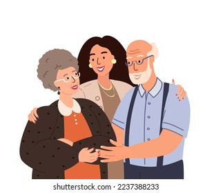 Portrait of happy family support and hug each other.Adult woman embracing mature parents or grandparents isolated on white background.Parents with child feeling love.Vector illustration in flat style.