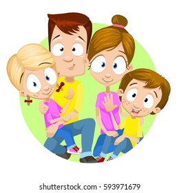 Portrait of the happy family with two children sitting on floor