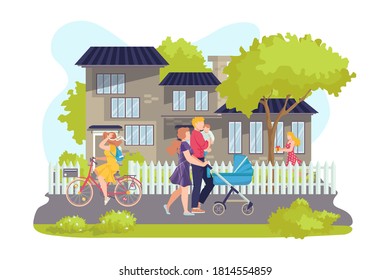 Portrait of happy family walking with baby stroller vector illustration. Family together in summer town park with trees. Parents healthy leisure with child. Young active couple. Leisure.