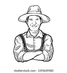 Portrait Of Happy Farmer In Hat, Logo Or Label Vector Illustration