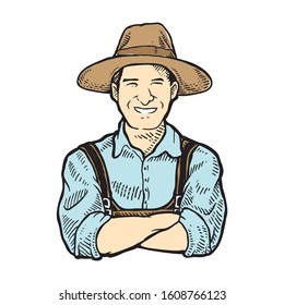 Portrait of happy farmer in hat, logo or label vector illustration