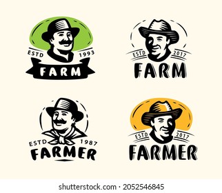 Portrait of happy farmer in hat, logo. Farm, agriculture set of labels vector illustration