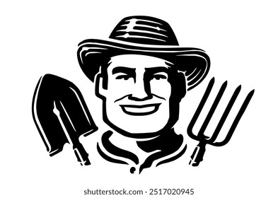 Retrato de fazendeiro feliz com pá e forquilha. Fazenda, emblema agrícola e símbolo. Ilustração do vetor de esboço