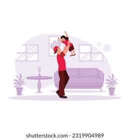 Portrait of a happy father hugging his son in the living room. Family and fathers day concept. Trend Modern vector flat illustration.